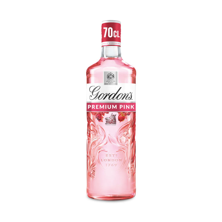 Gordons Pink Gin gin bottle on a clean white background