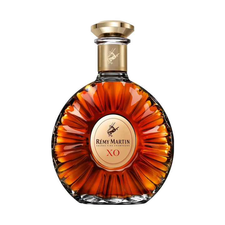 Remy Martin XO cognac bottle on a clean white background