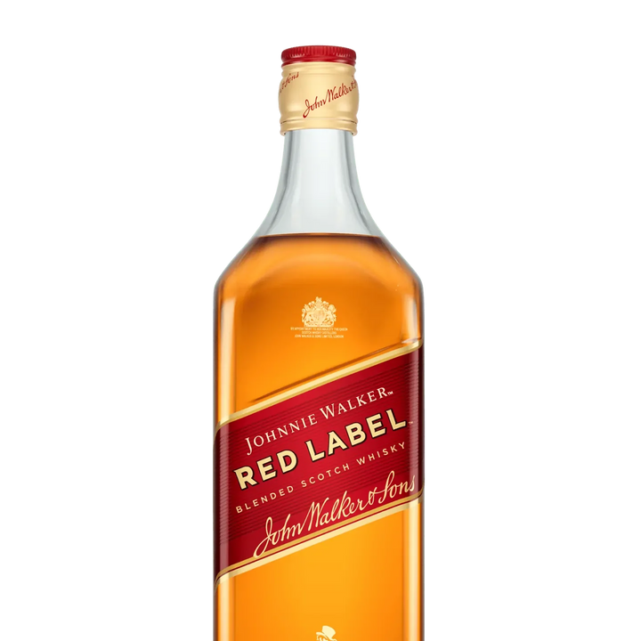 Johnnie Walker Red Label whisky bottle on a clean white background