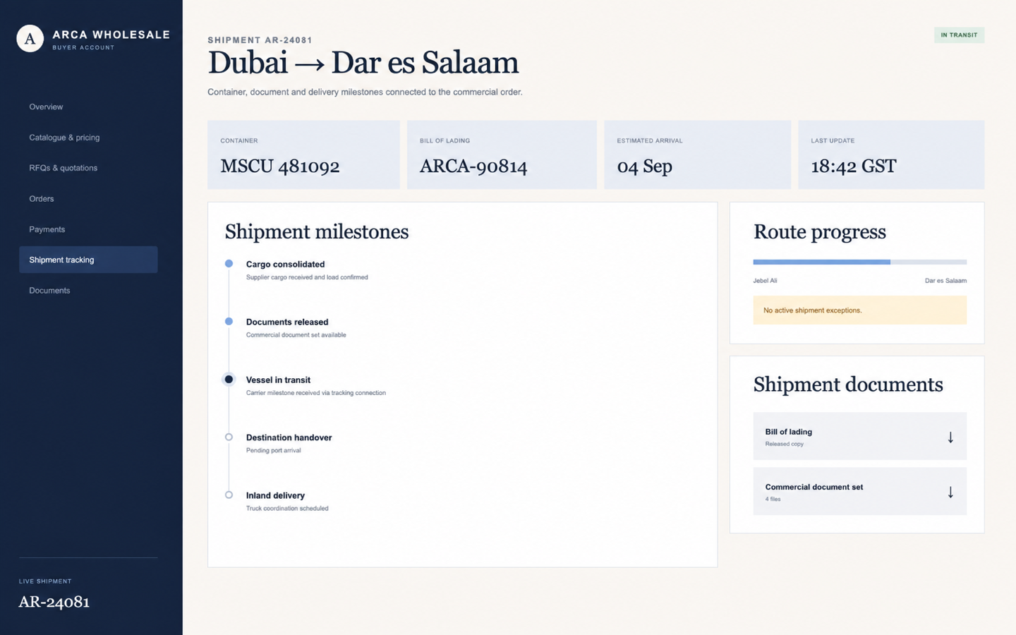 Arca buyer account showing shipment milestones and tracking information