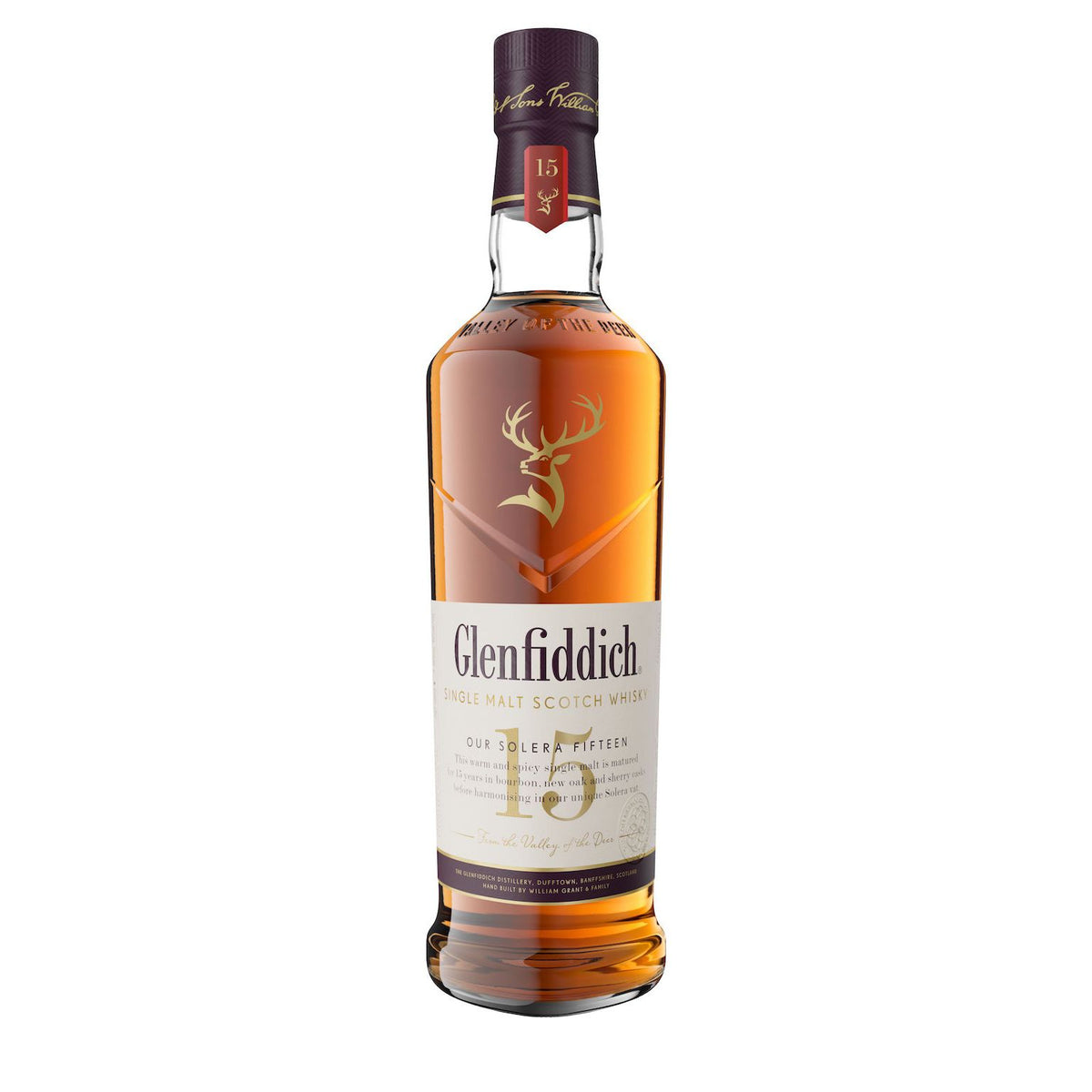 Glenfiddich 15YO whisky bottle on a clean white background