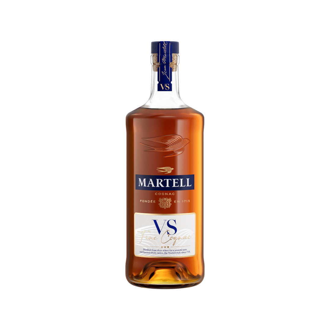 Martell VS Single Dis Ukds Obliterated cognac bottle on a clean white background
