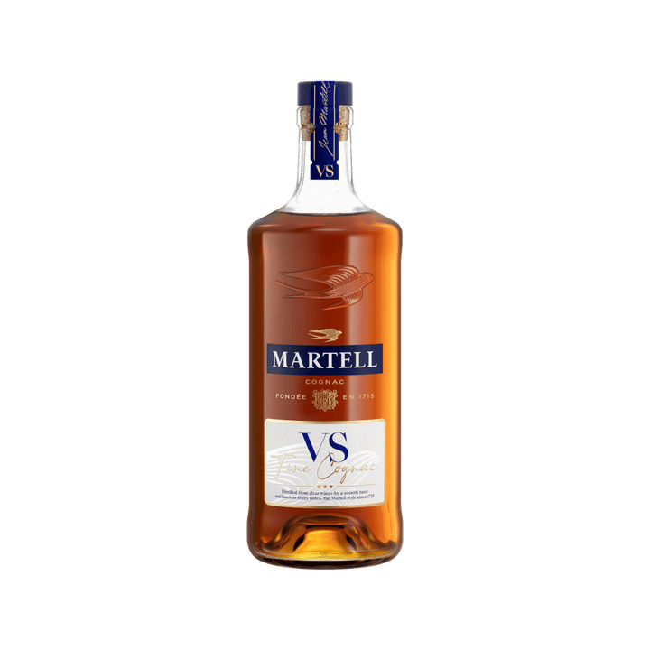 Martell VS Single Dis Ukds Obliterated cognac bottle on a clean white background
