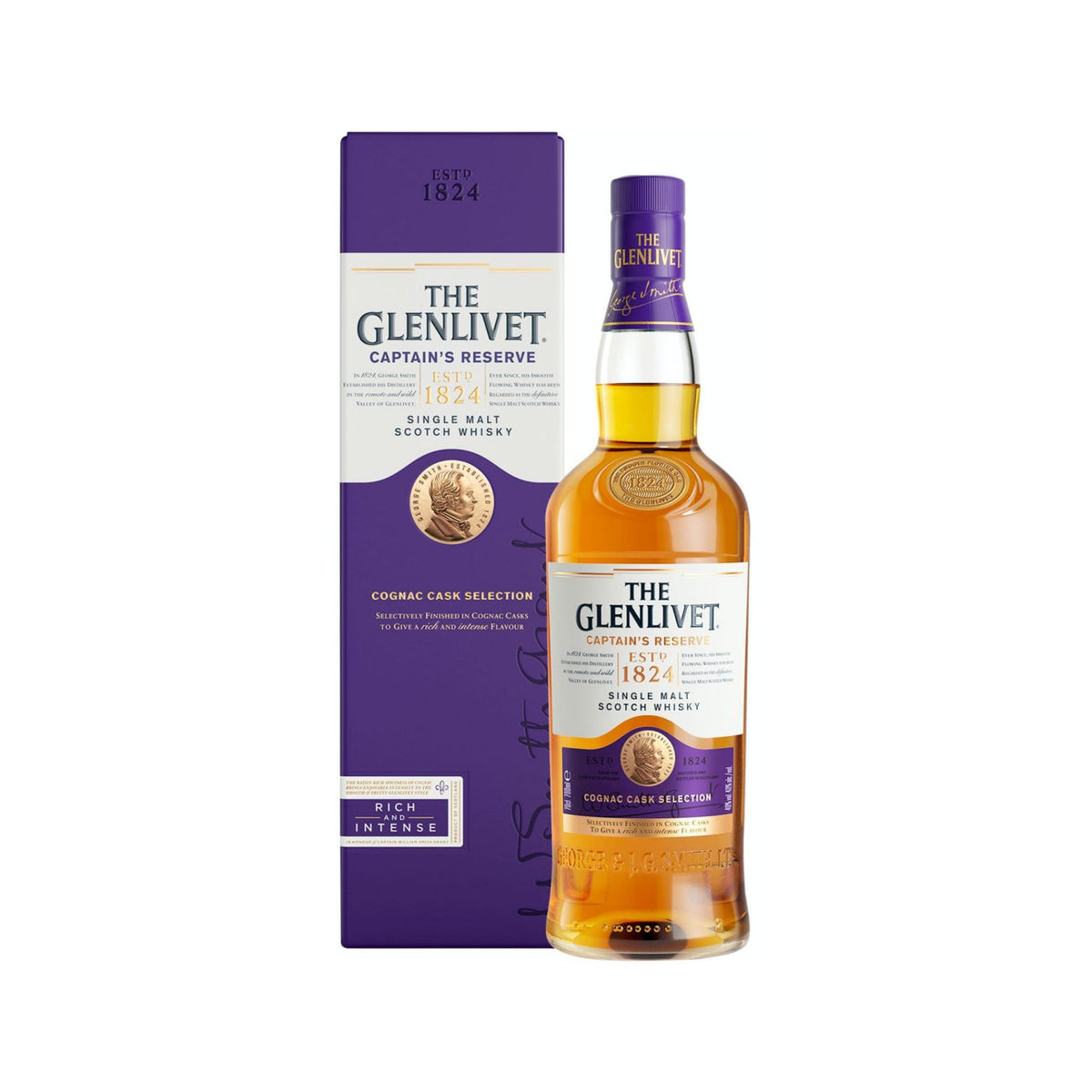 Glenlivet Captain Reserve whisky bottle on a clean white background
