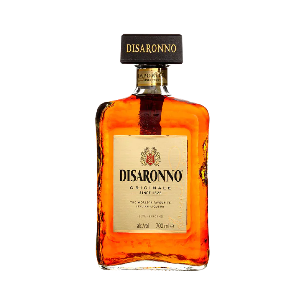 Amaretto Di Saronno liqueur bottle on a clean white background