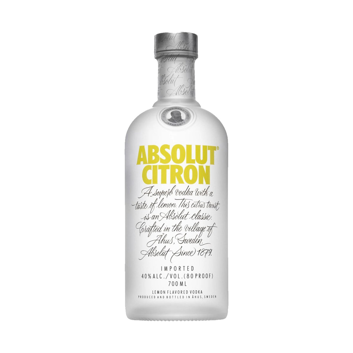 Absolut Vodka Citron vodka bottle on a clean white background