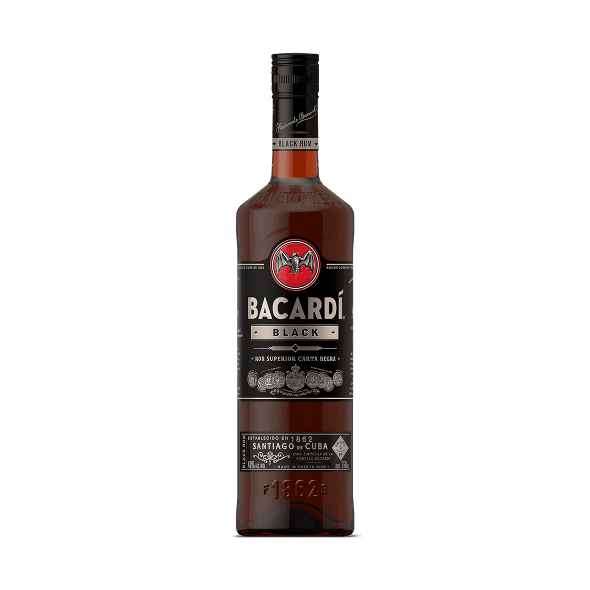 Bacardi Black rum bottle on a clean white background