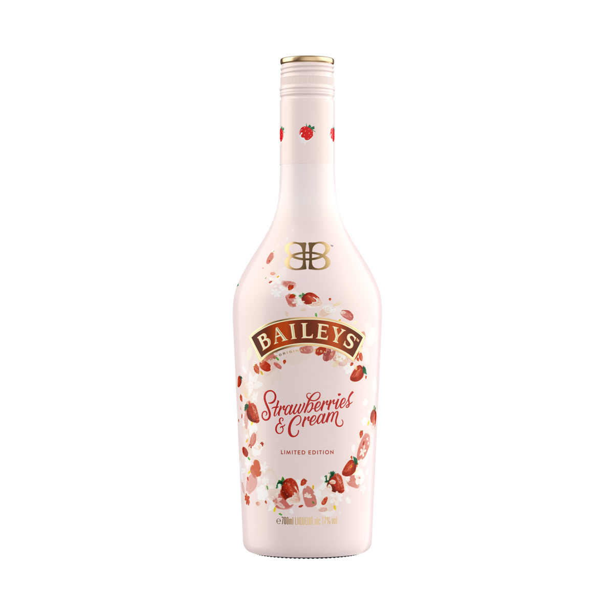 Baileys Strawberry & Cream liqueur bottle on a clean white background