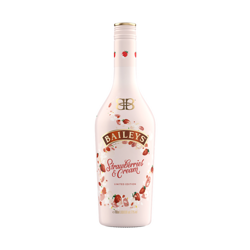 Baileys Strawberry & Cream liqueur bottle on a clean white background