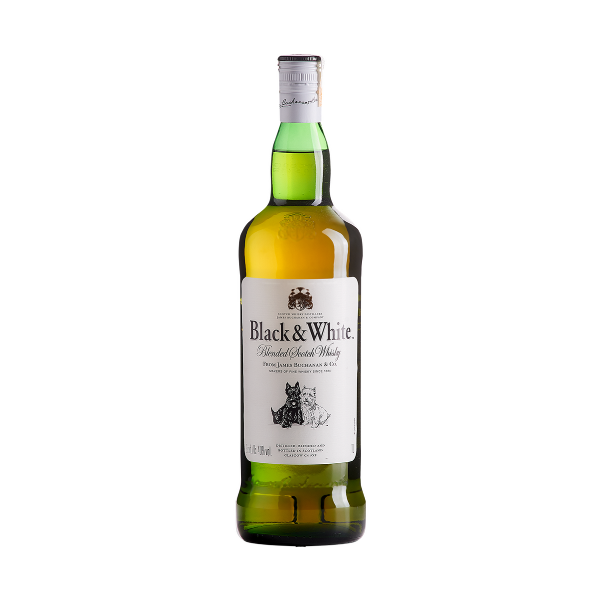 Black & White whisky bottle on a clean white background