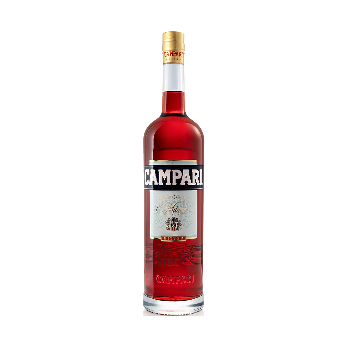 Campari liqueur bottle on a clean white background