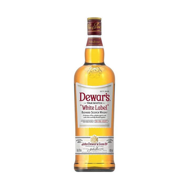 Dewar's White Label whisky bottle on a clean white background