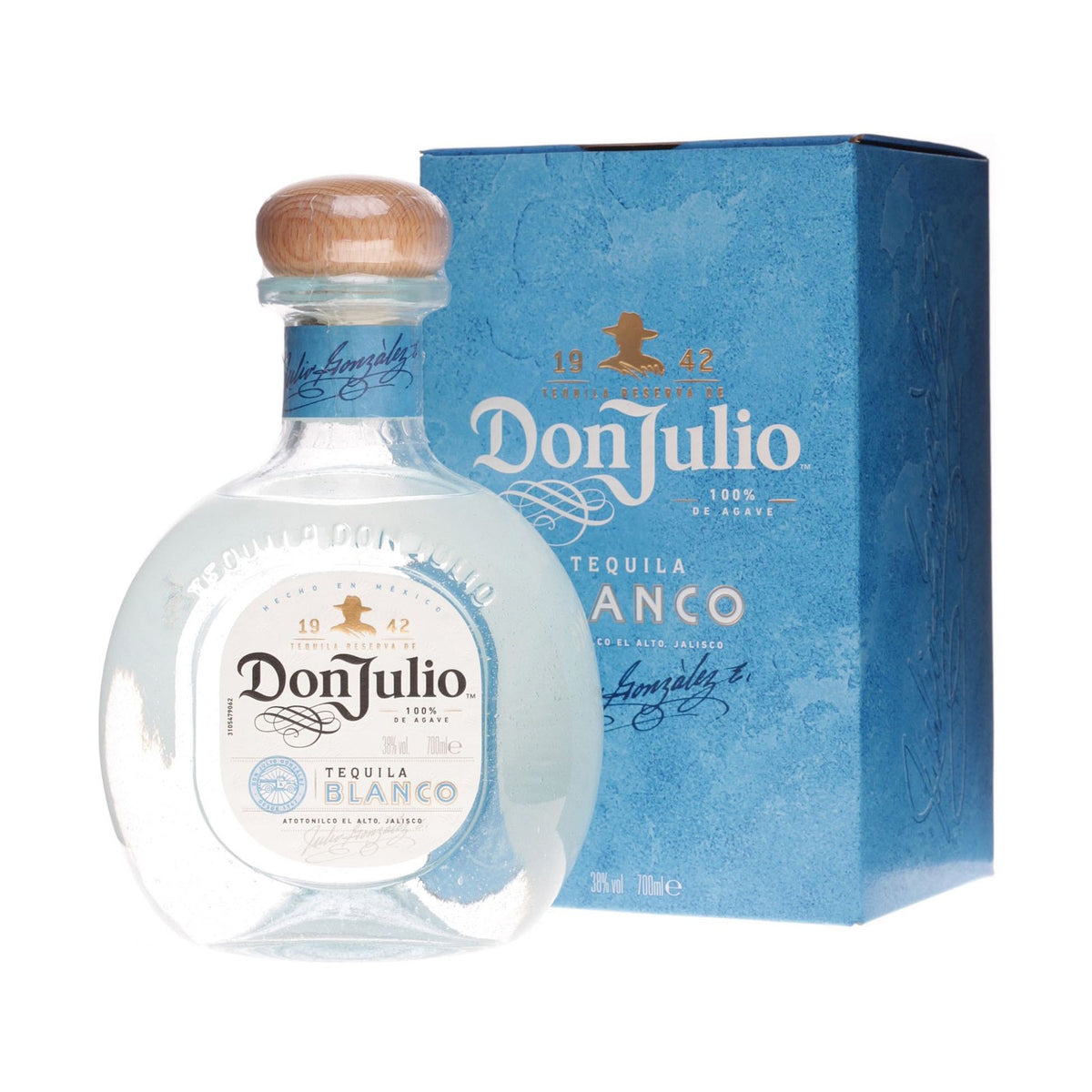 Don Julio Blanco tequila bottle on a clean white background