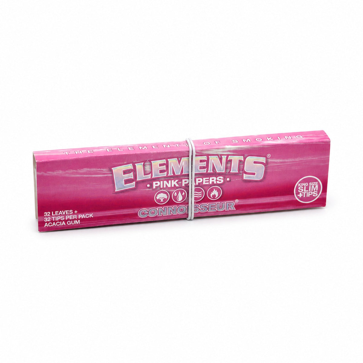 Elements Pink Connoisseur King Size Slim rolling papers with tips on a clean white background
