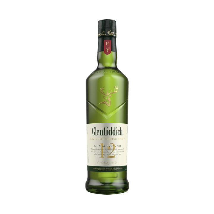 Glenfiddich 12YO whisky bottle on a clean white background