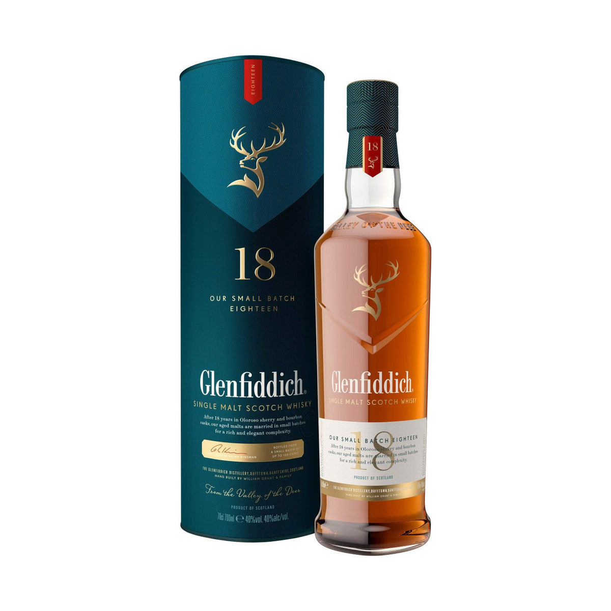 Glenfiddich 18YO whisky bottle on a clean white background