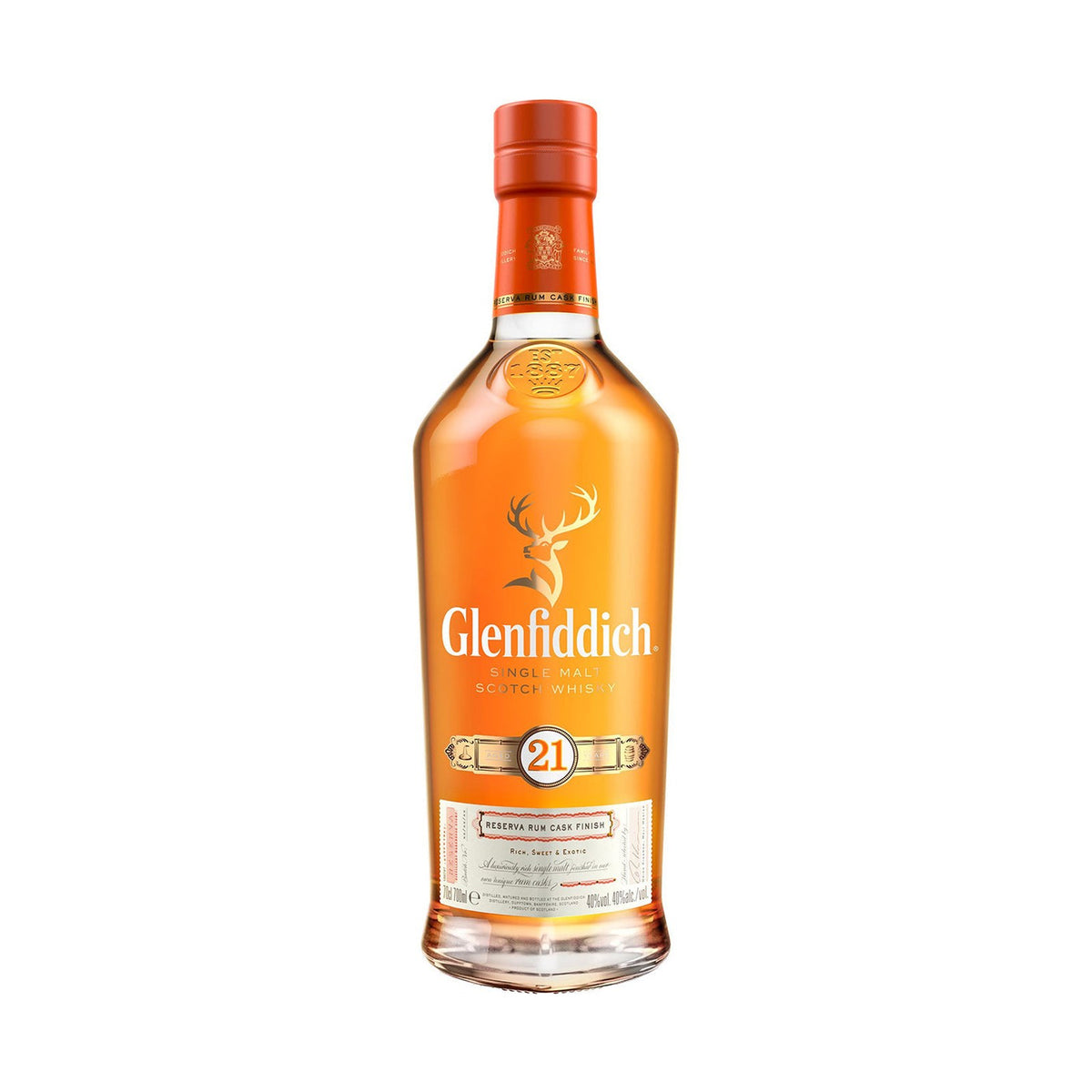 Glenfiddich 21YO whisky bottle on a clean white background