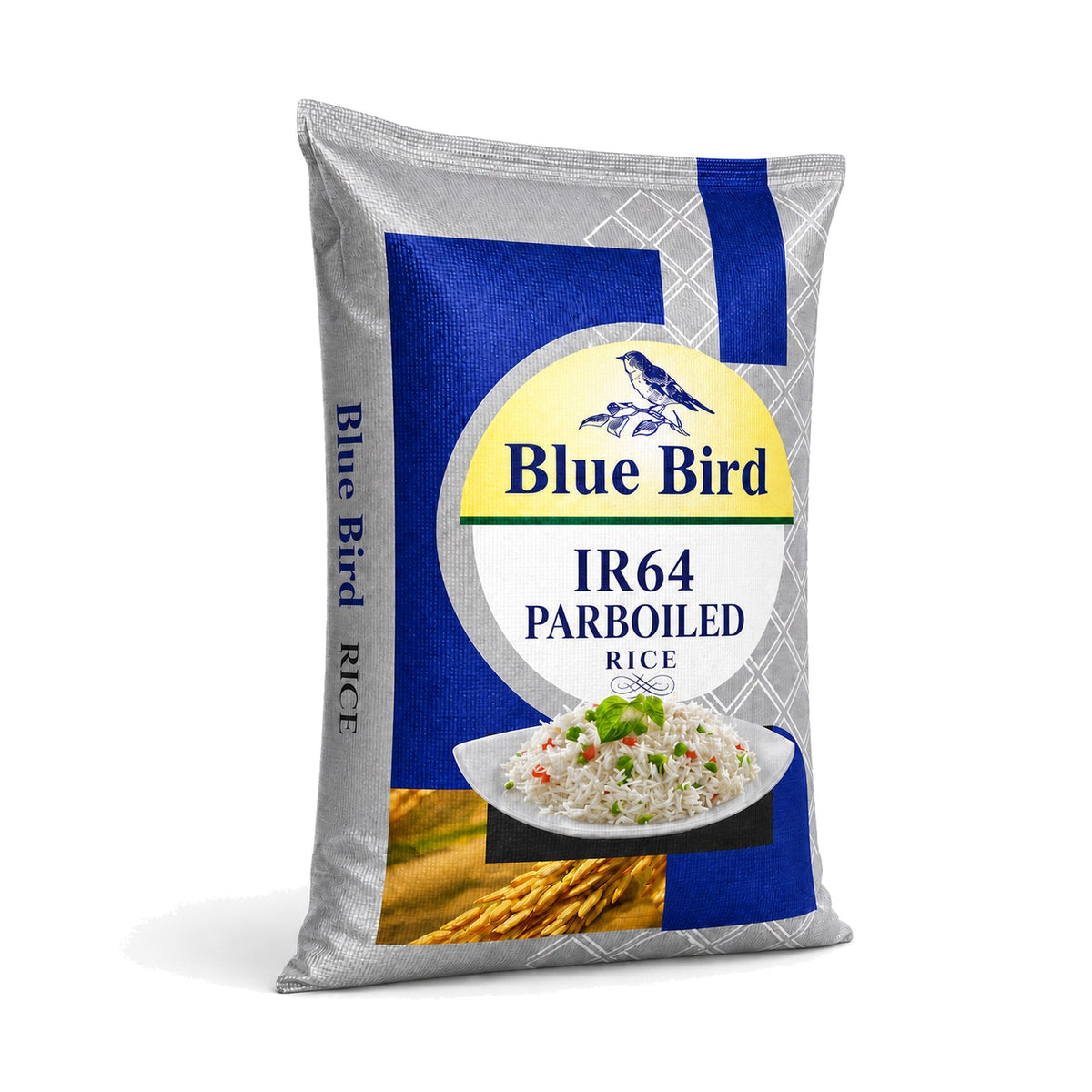 Blue Bird ir64 parboiled rice bag on a clean white background