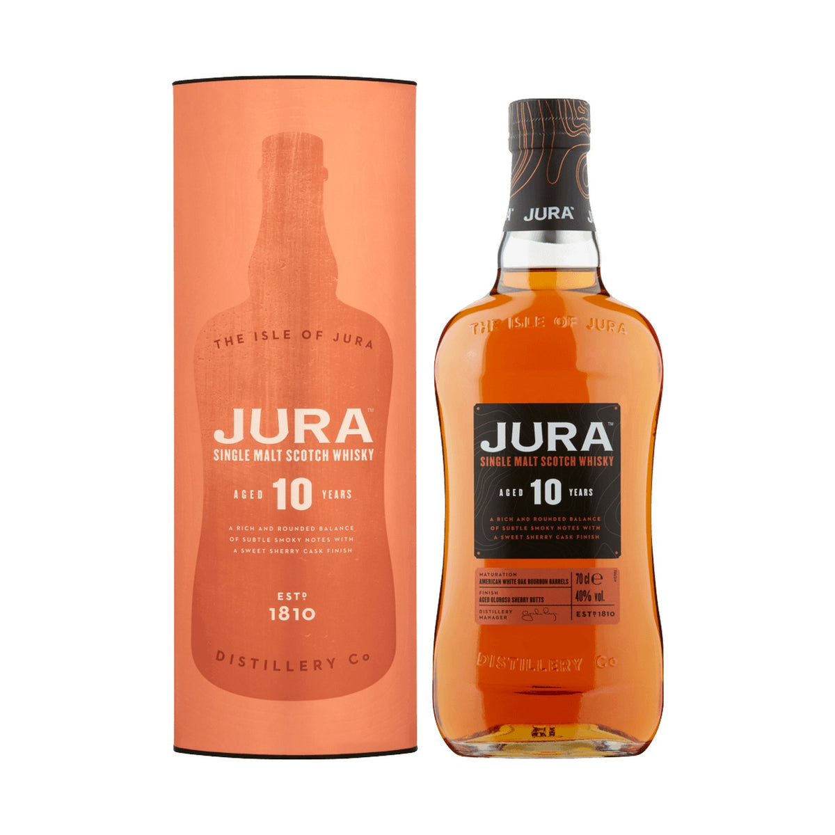 Jura 10YO Malt whisky bottle on a clean white background