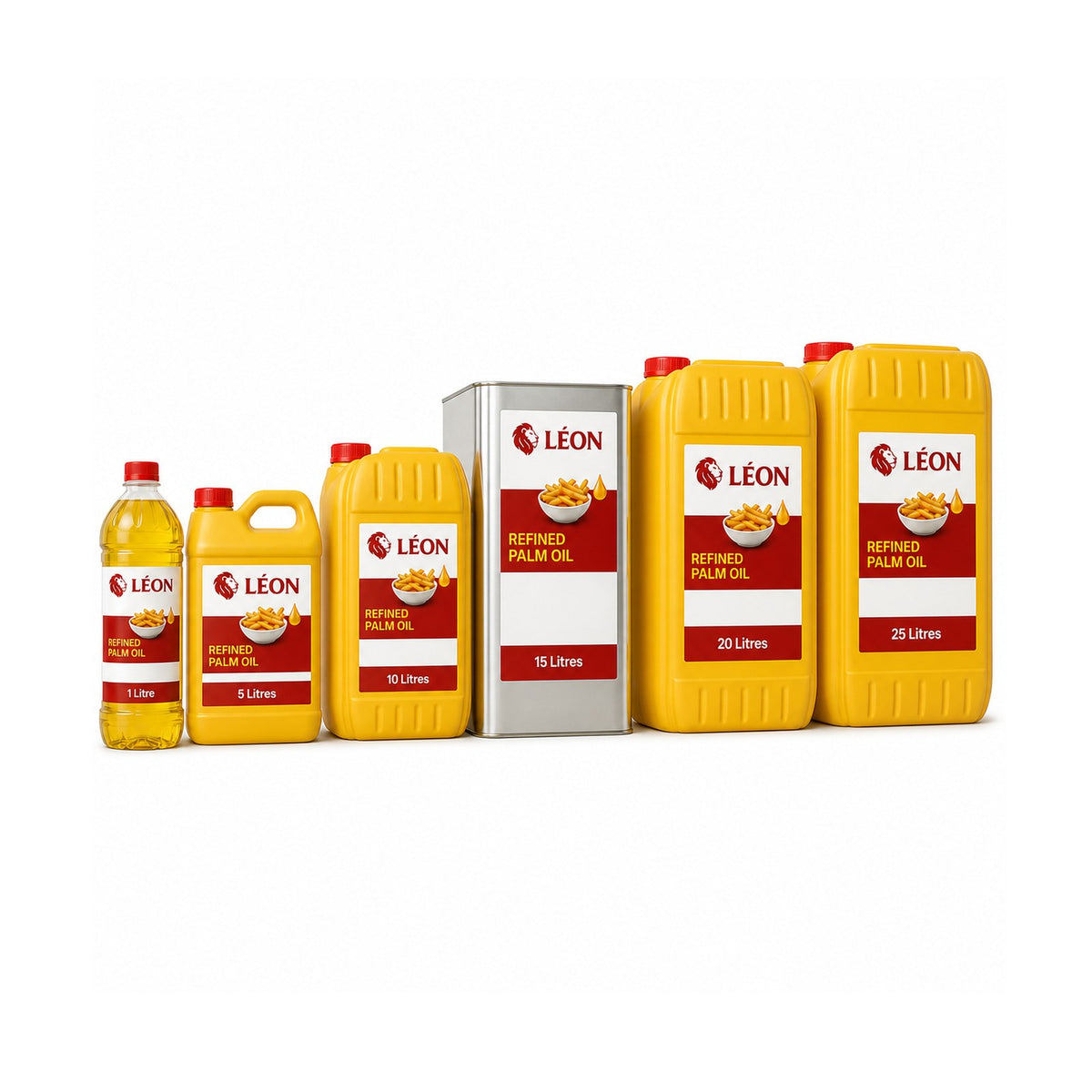 LÉON palm oil packaging lineup with correctly proportioned commercial jerry cans