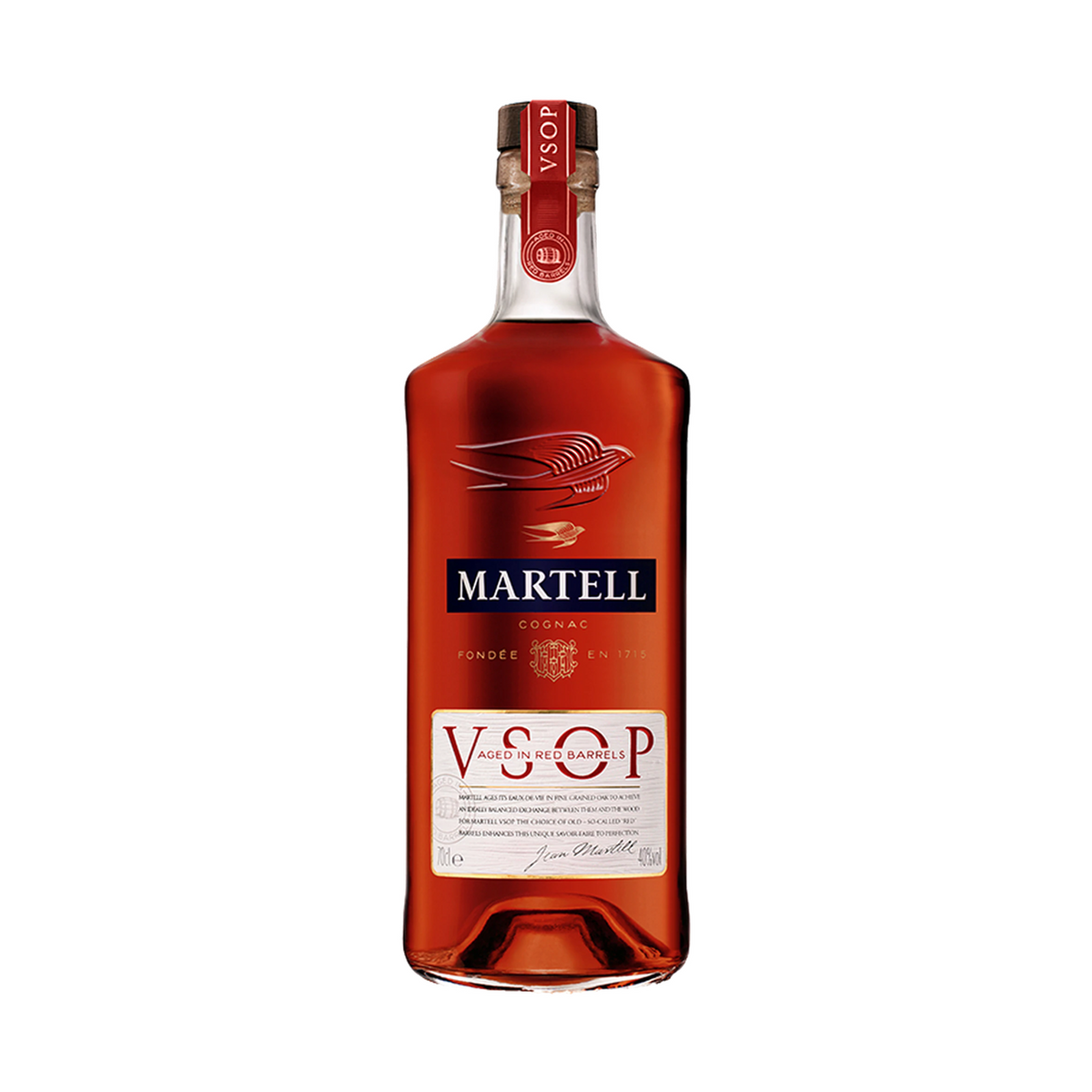Martell Vsop Red Barrel cognac bottle on a clean white background