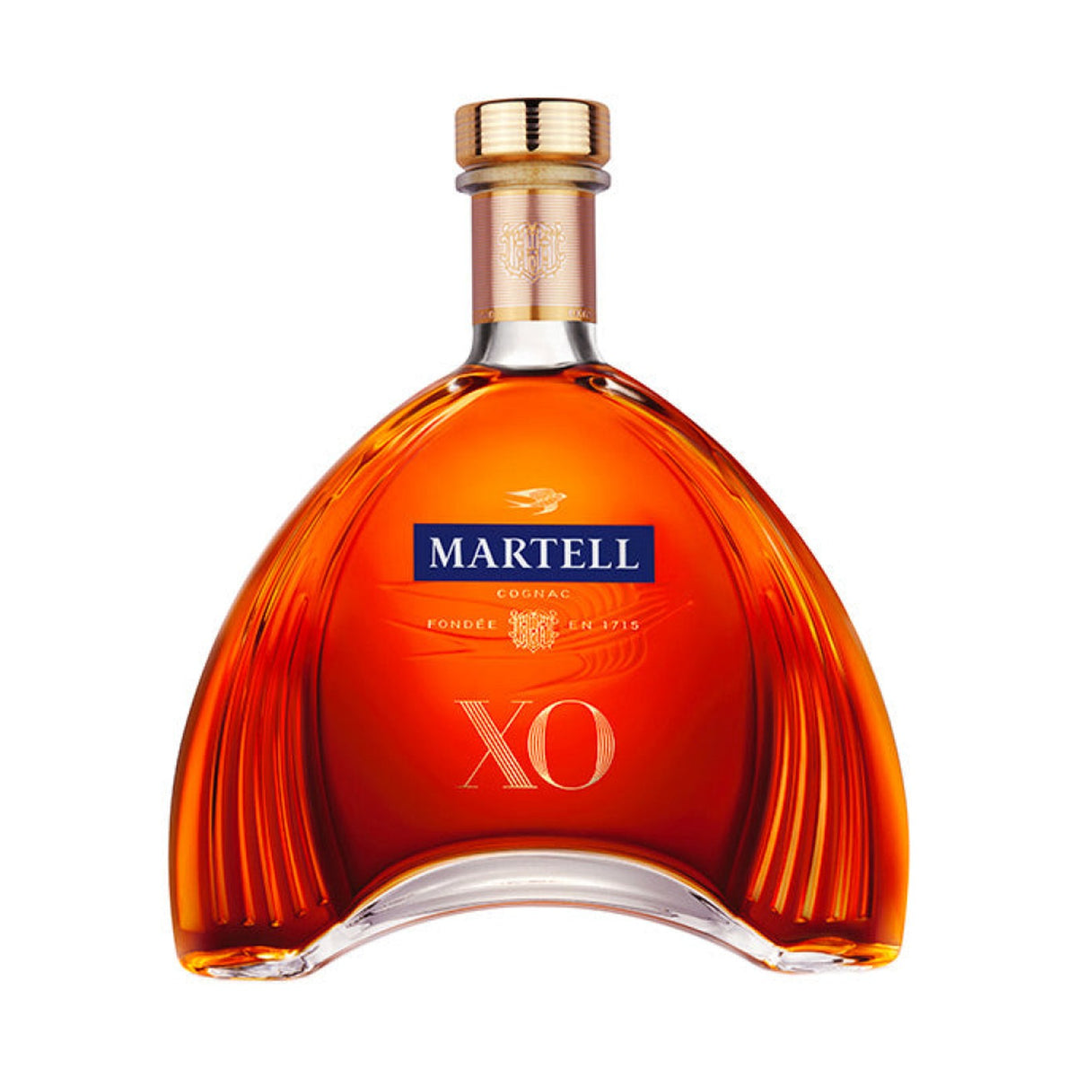 Martell XO cognac bottle on a clean white background