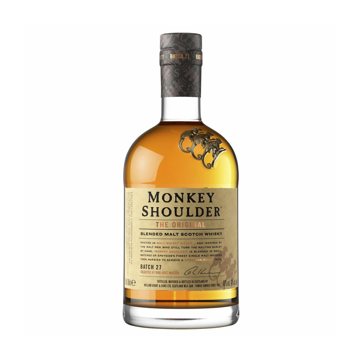 Monkey Shoulder whisky bottle on a clean white background