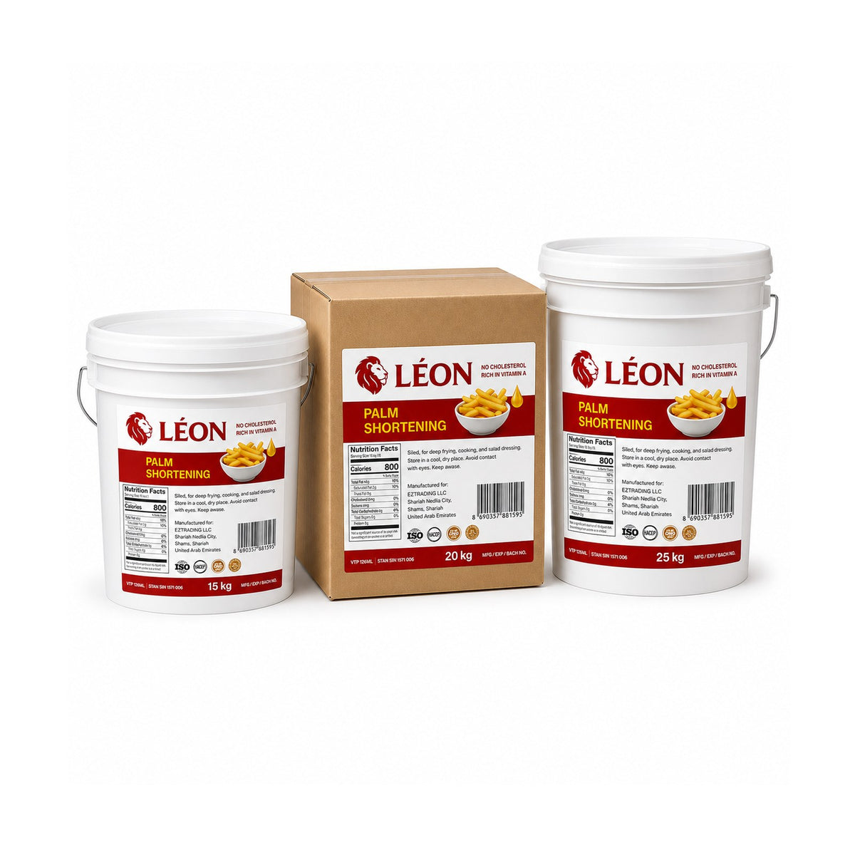 LÉON palm shortening packaging family — full label and industrial formats