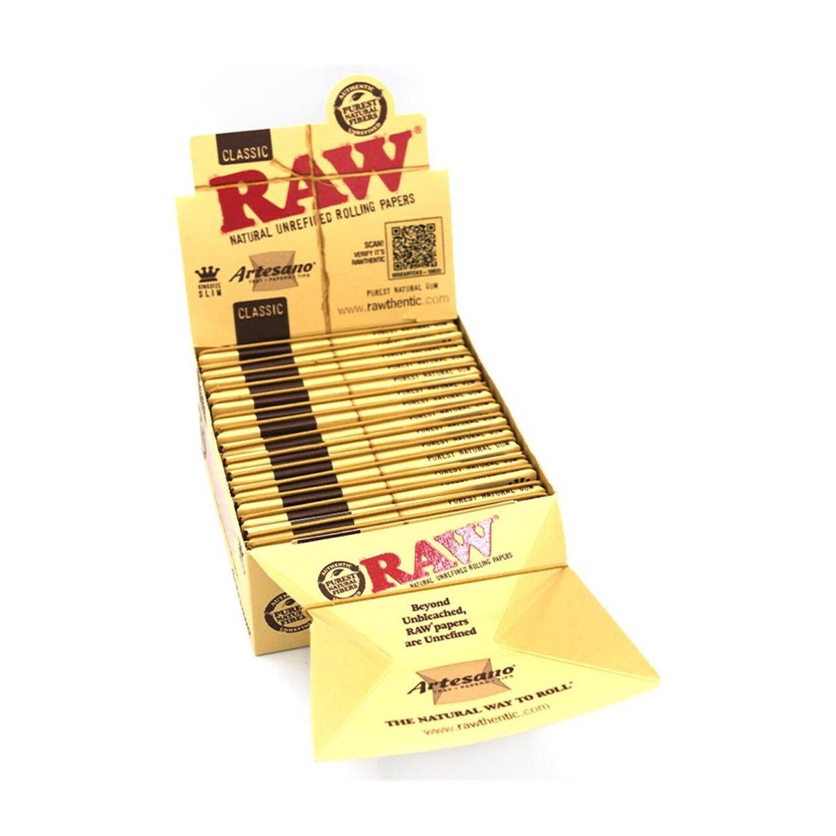 RAW Classic Artesano King Size Slim papers, tips and tray wholesale display box on a clean white background
