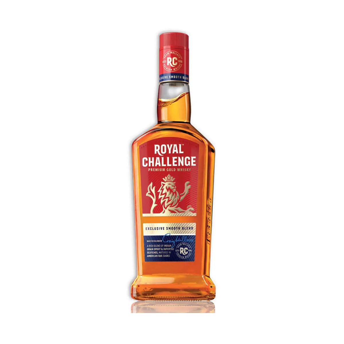 Royal Challenge Whisky whisky bottle on a clean white background