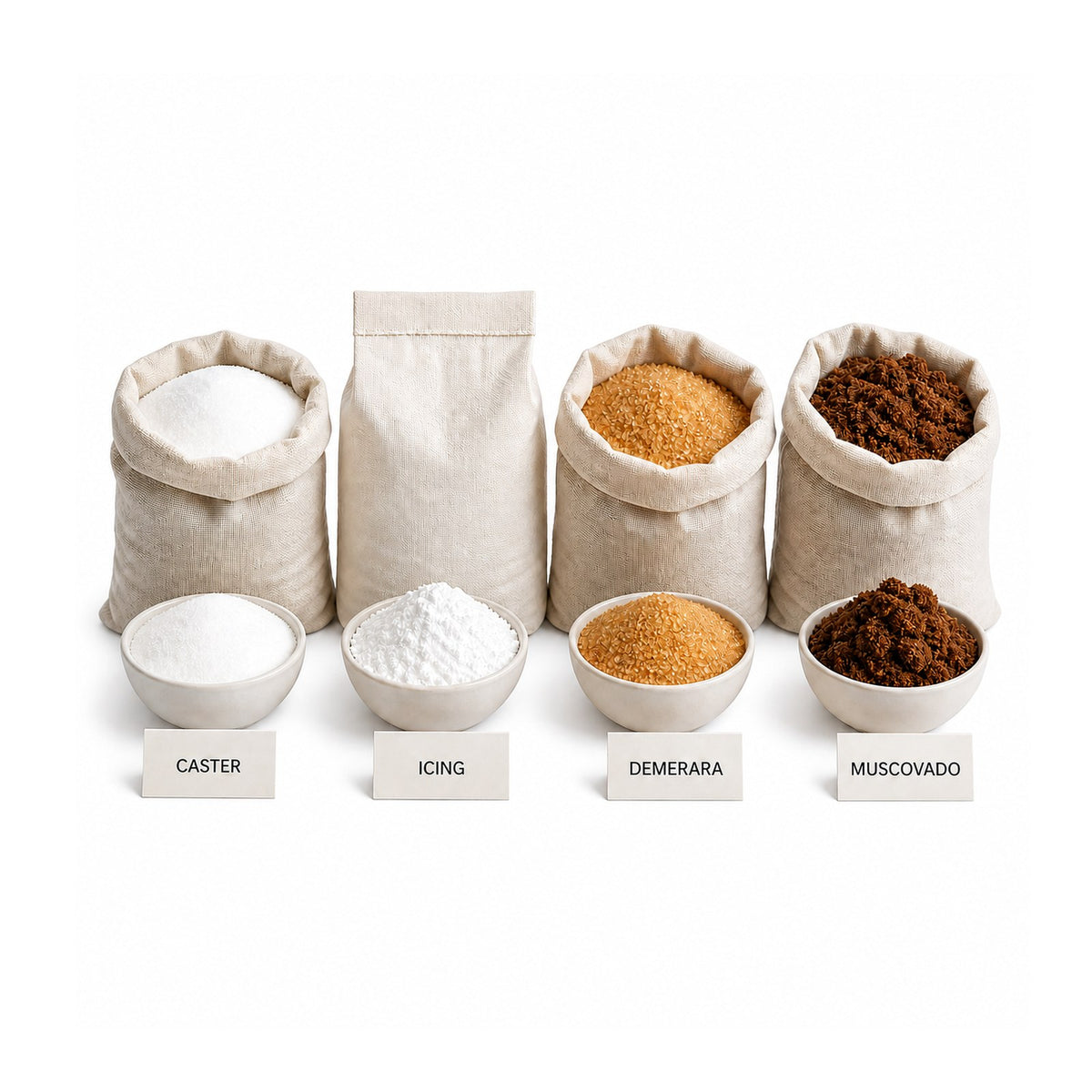 Specialty sugars — caster, icing, demerara and muscovado shown in bowls and sacks on a clean white background