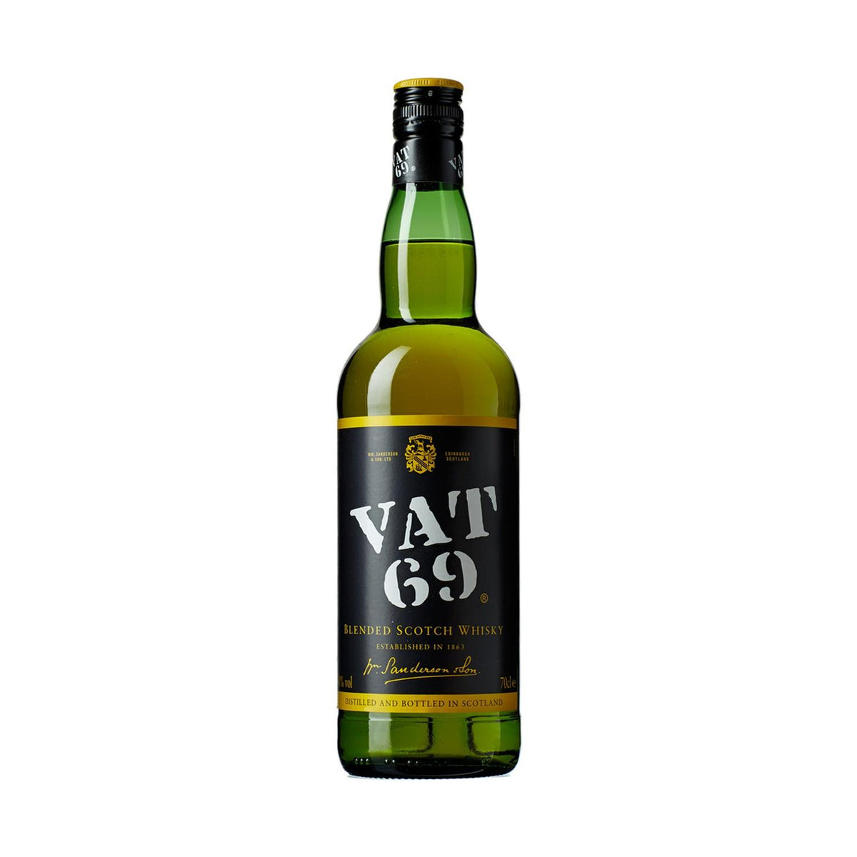 Vat 69 whisky bottle on a clean white background