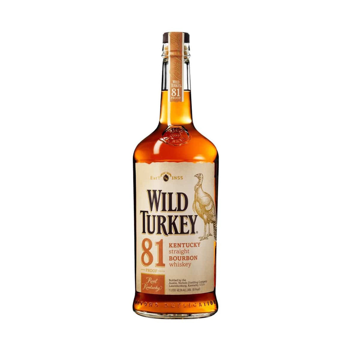 Wild Turkey 81 whisky bottle on a clean white background