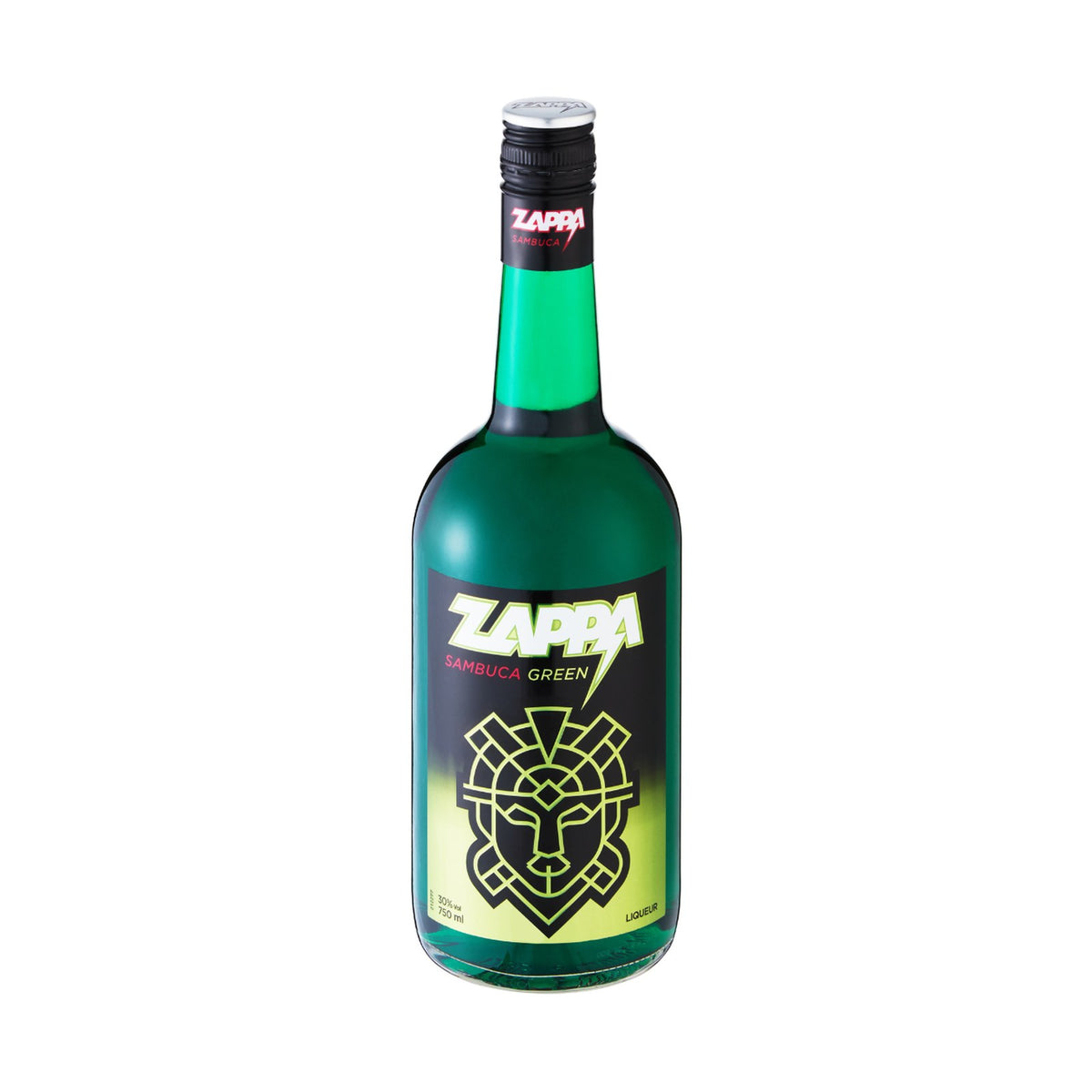 Zappa Sambuca Green liqueur bottle on a clean white background