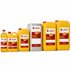 LÉON palm oil packaging lineup with correctly proportioned commercial jerry cans