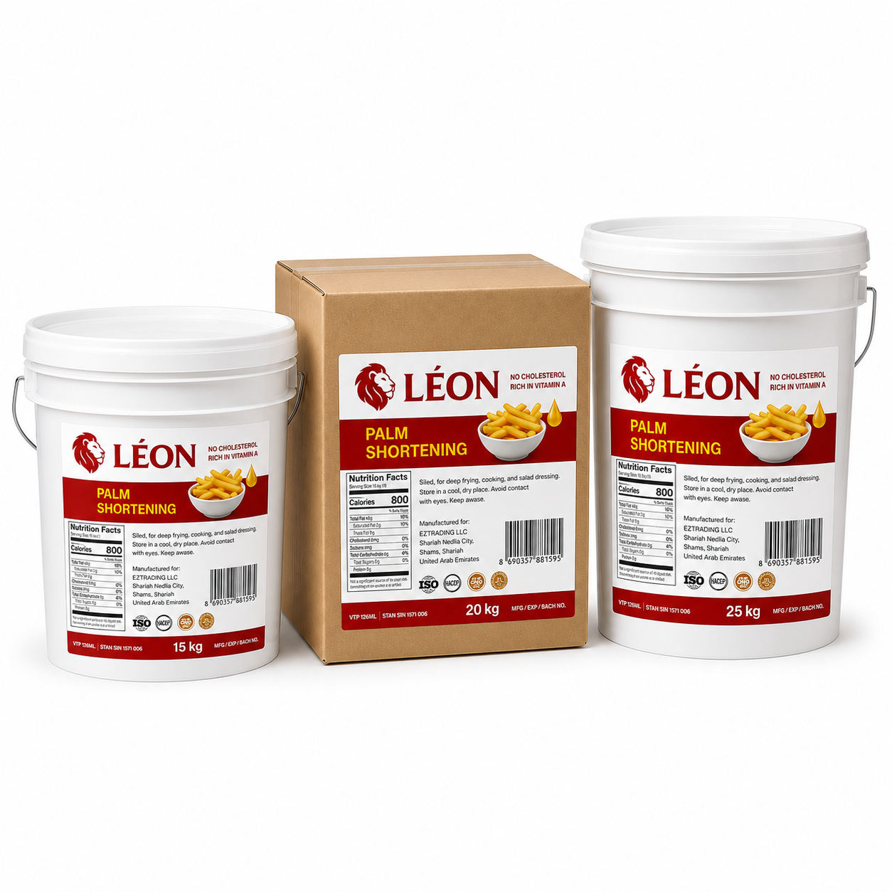 LÉON palm shortening packaging family — full label and industrial formats
