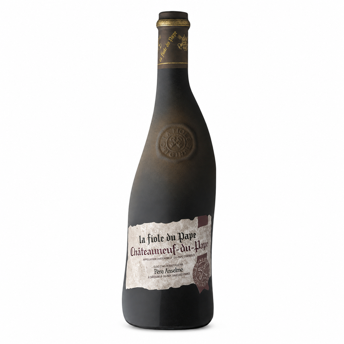 Châteauneuf-du-Pape La Fiole du Pape wine bottle on a clean white background