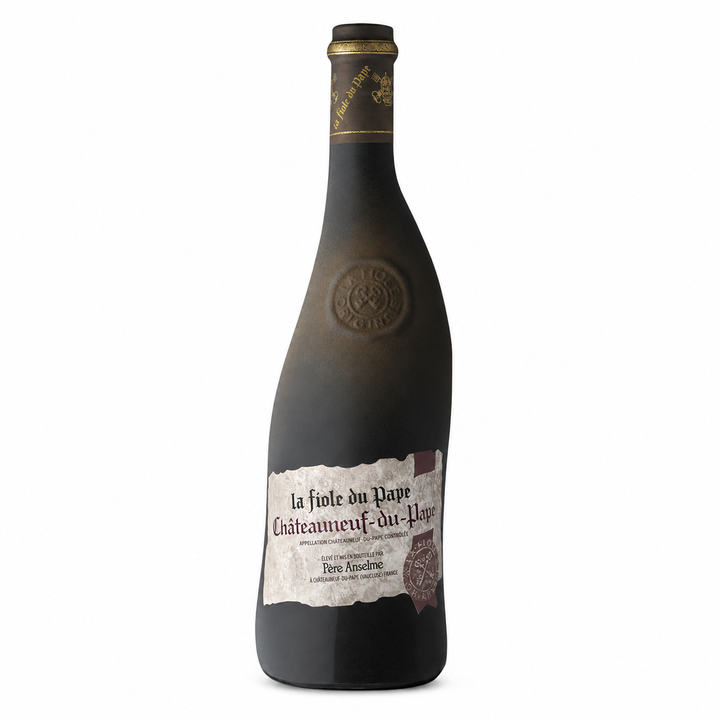Châteauneuf-du-Pape La Fiole du Pape wine bottle on a clean white background