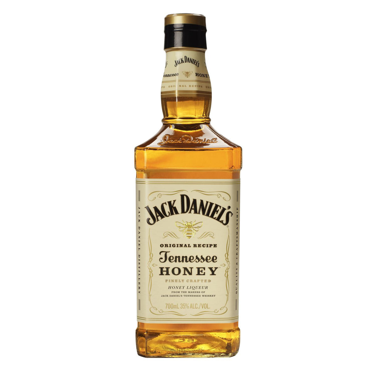 Jack Daniel's Honey whisky bottle on a clean white background