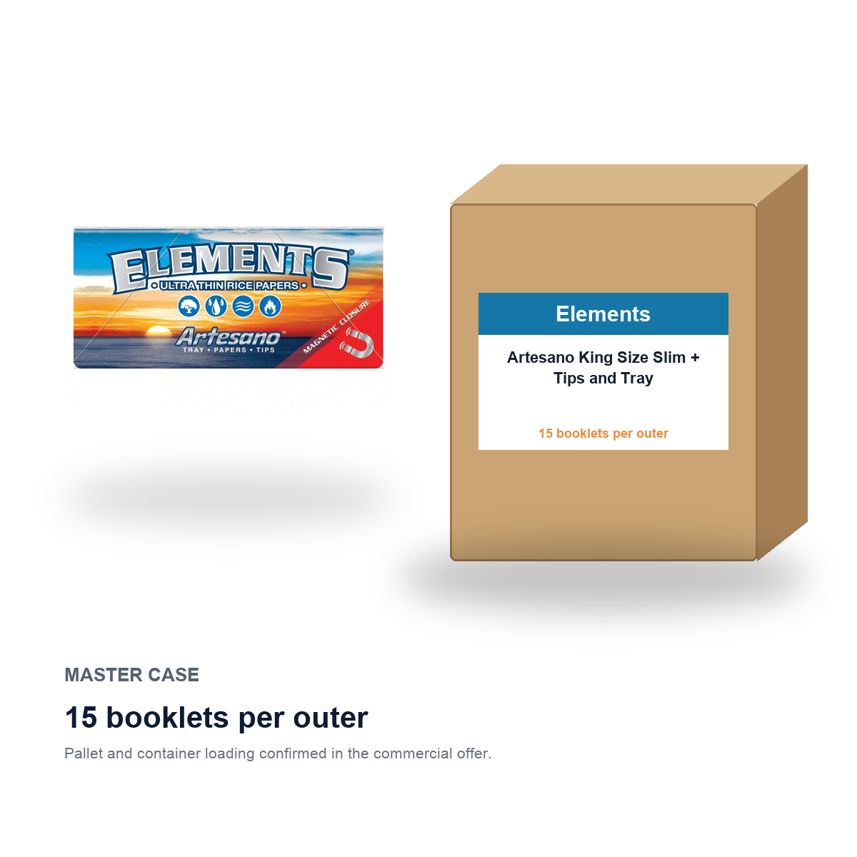 Elements Artesano King Size Slim + Tips and Tray master case - 15 booklets per outer