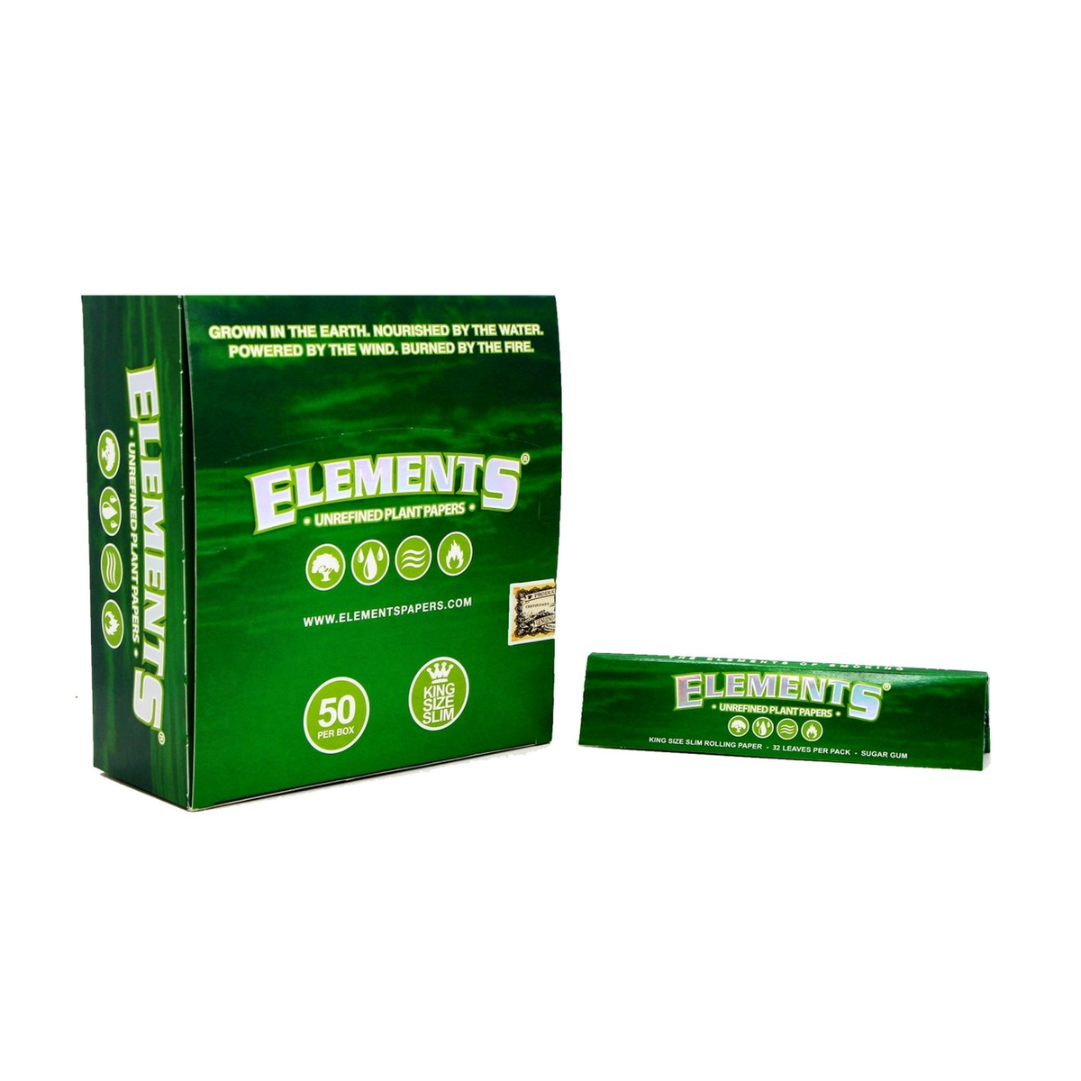 Elements Green King Size Slim wholesale display box and retail booklet on a clean white background