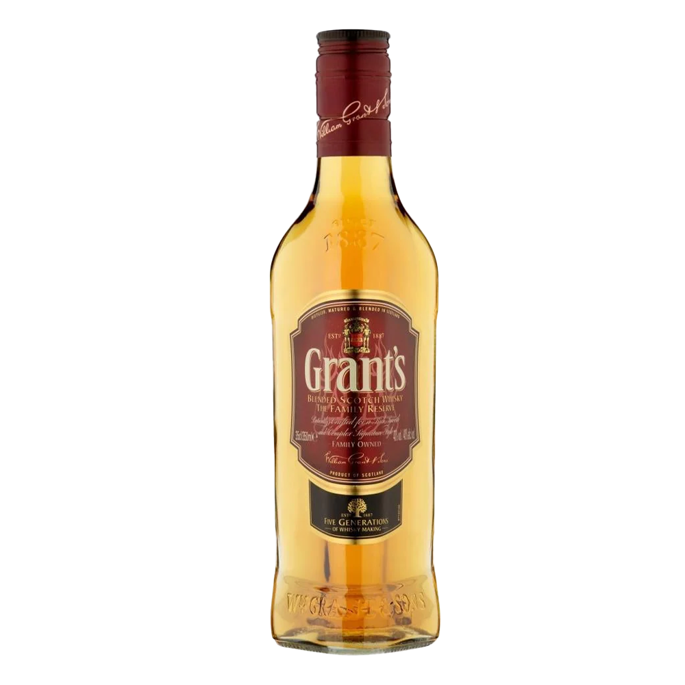 Grants Triple Wood whisky bottle on a clean white background