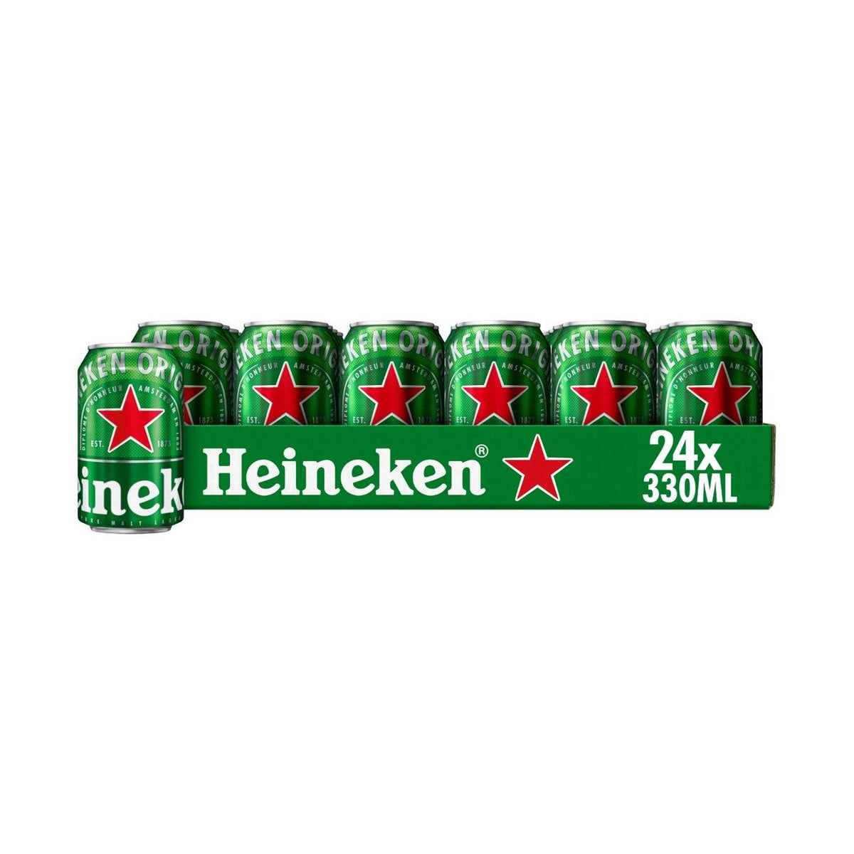 Heineken Original wholesale tray of 24 x 330 ml cans on a clean white background