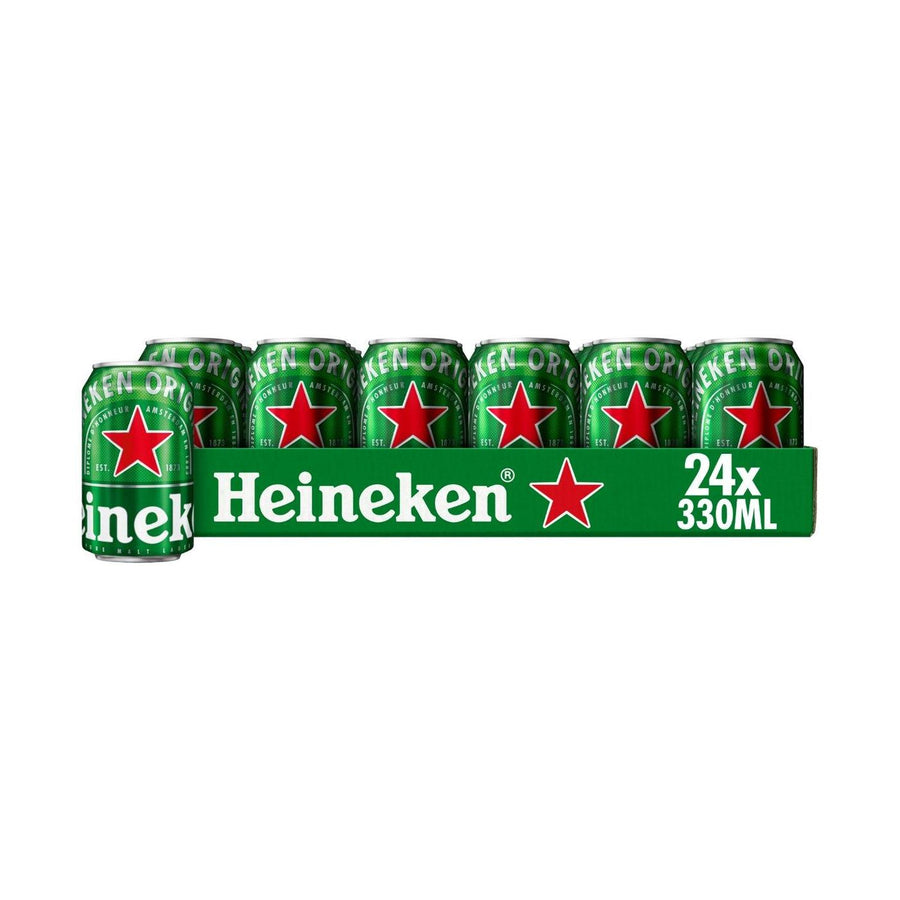 Heineken Original wholesale tray of 24 x 330 ml cans on a clean white background