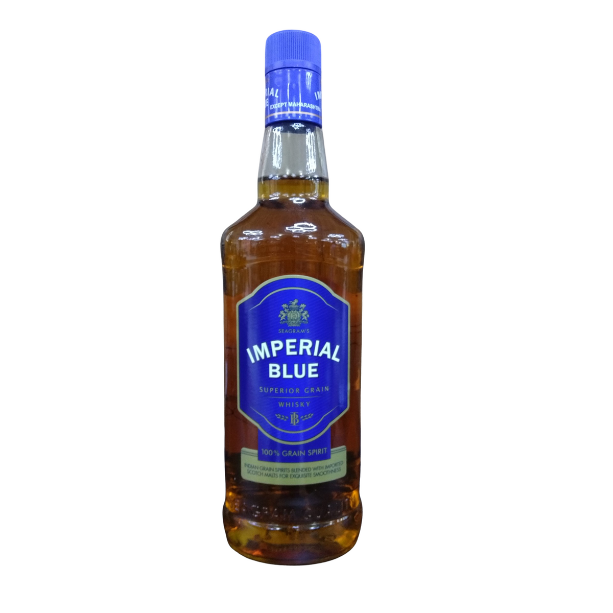 Imperial Blue whisky bottle on a clean white background