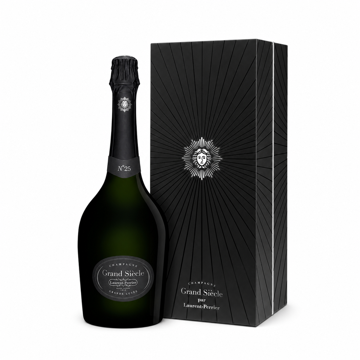 Laurent-Perrier Grand Siècle champagne bottle with its presentation box on a clean white background