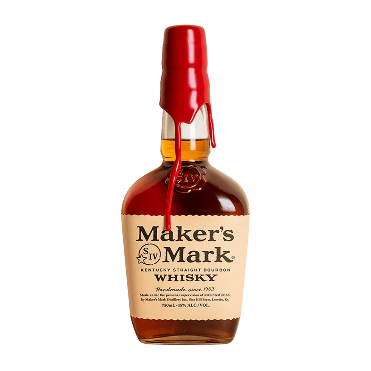 Maker's Mark bourbon whisky bottle on a clean white background