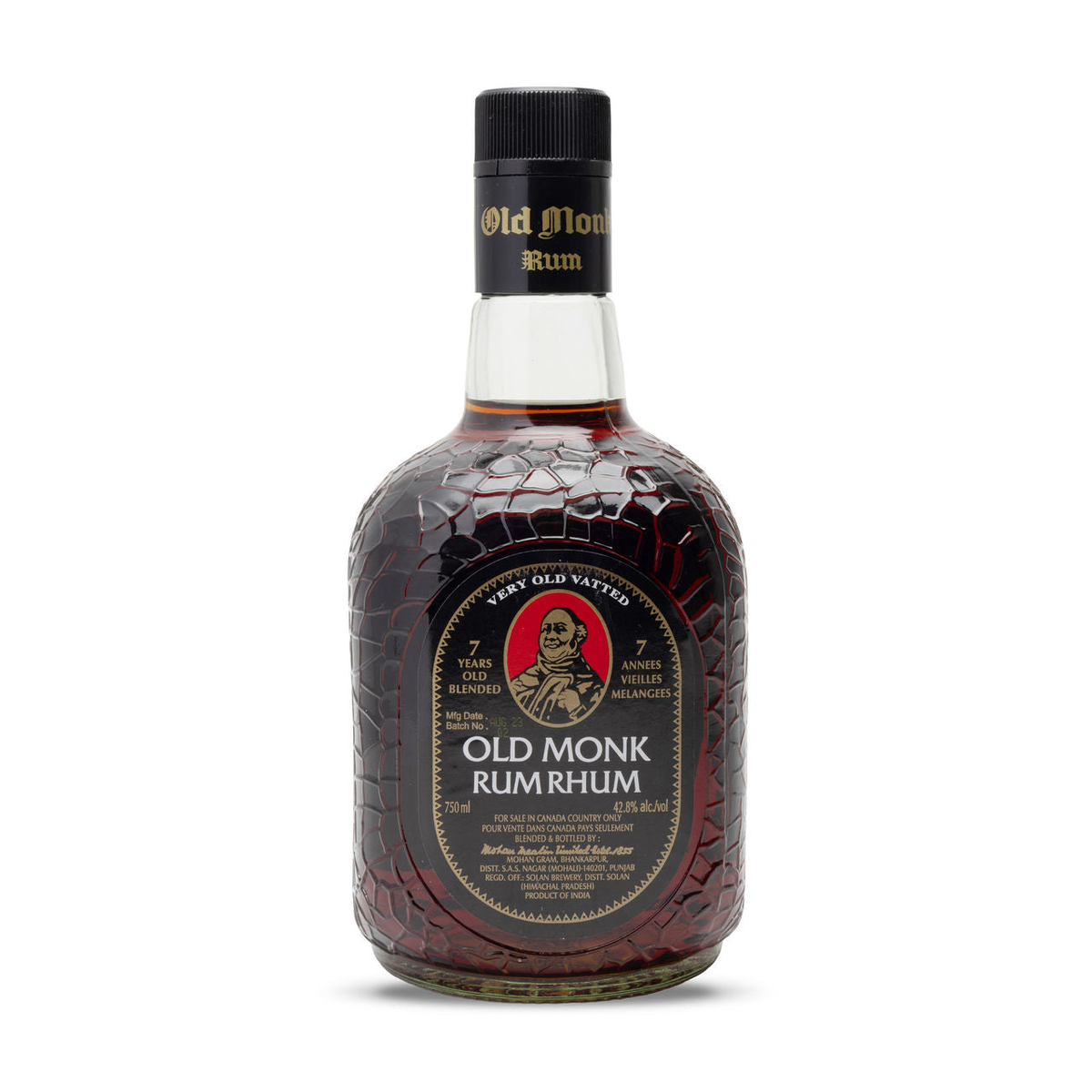 Old Monk Rum rum bottle on a clean white background