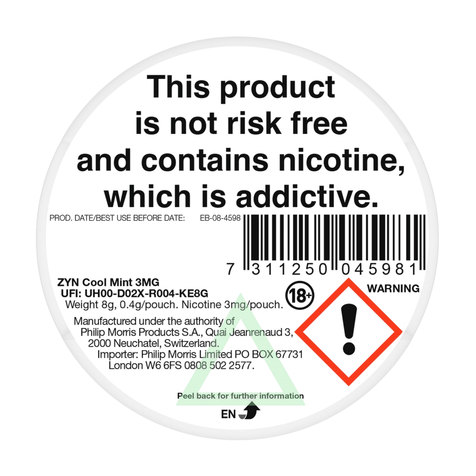 ZYN Cool Mint United Kingdom back label