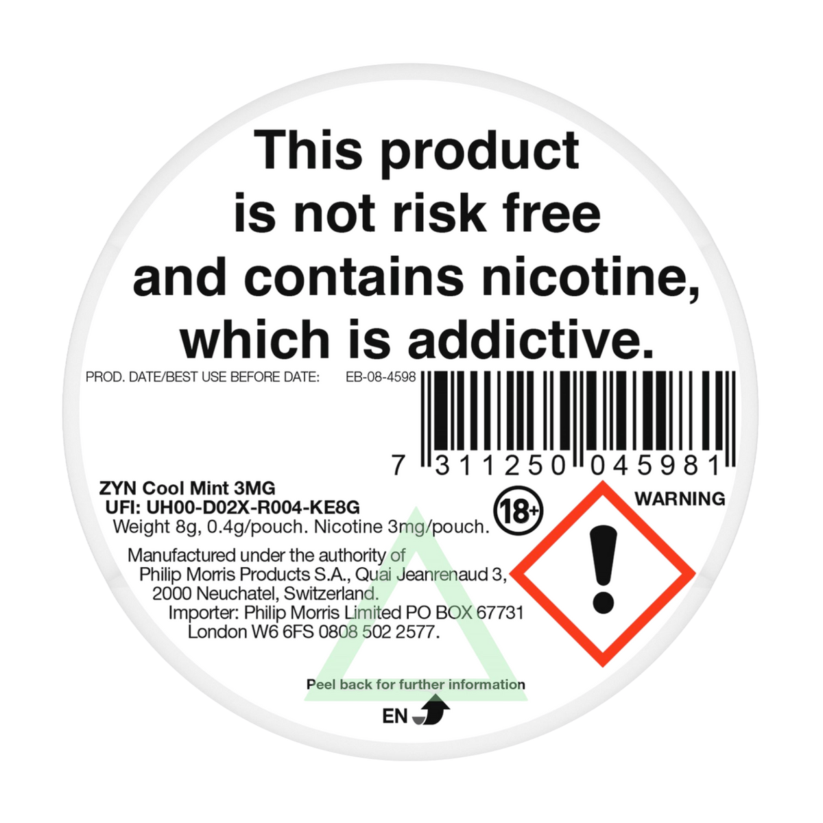ZYN Cool Mint United Kingdom back label